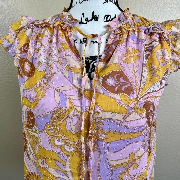 Maison d' Amelie yellow blouse purple paisley print top flutter sleeve size S - Picture 7 of 15